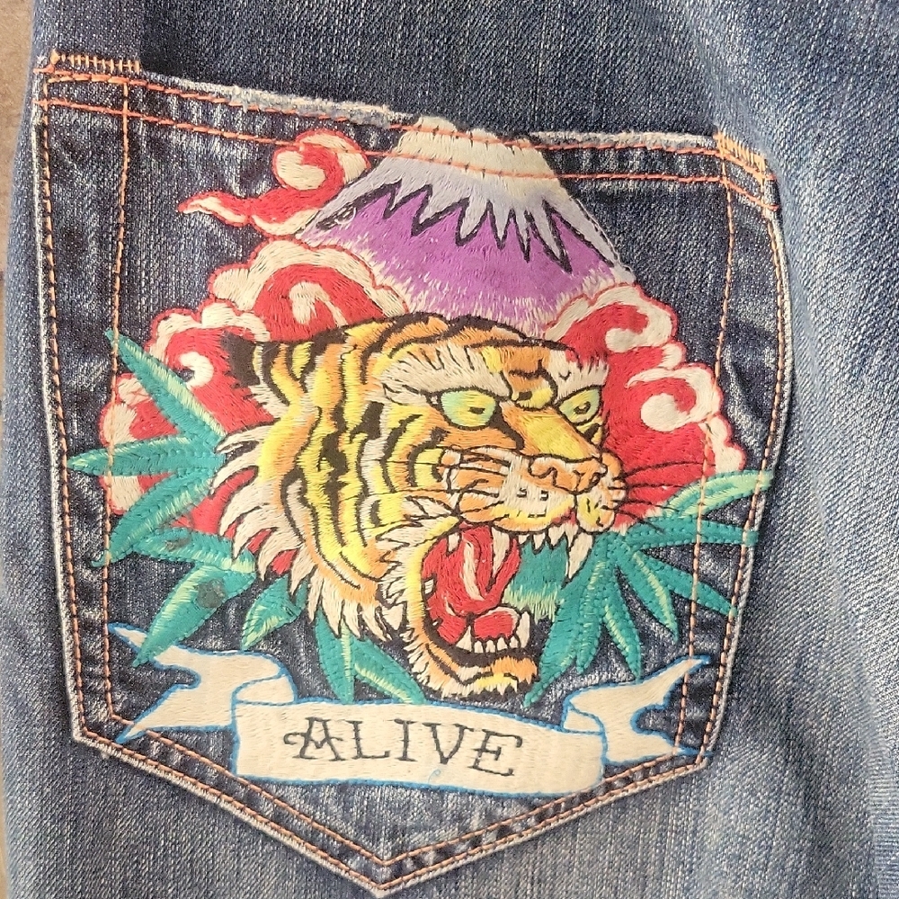 Vintage Ed Hardy By Christian  Audigier Alive & Aware Embriodered Tiger Jean - Picture 3 of 16